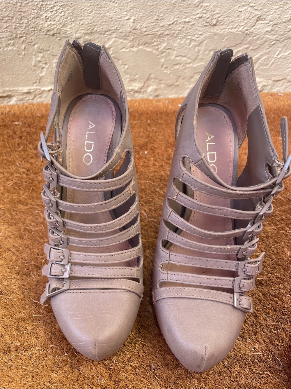 ALDO Taupe Strappy Pointed-Toe Heeled Booties